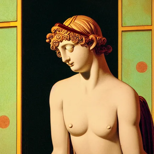 Image similar to close - up of a girl in a temple, film still by wes anderson, depicted by canova, limited color palette, very intricate, art nouveau, highly detailed, lights by hopper, soft pastel colors, minimalist