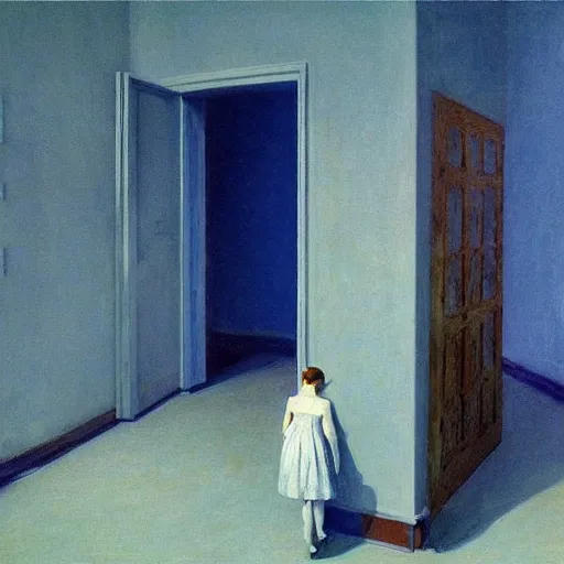 Image similar to an ivory and golden demon in a blue haunted liminal abandoned room, film still by edward hopper, by gottfried helnwein, by klimt, art noveau, highly detailed, strong lights, liminal, eerie, bright pastel colors,