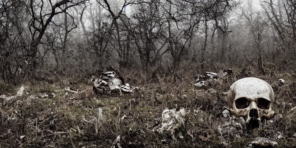 Prompt: beautiful decaying nature landscape with skulls everywhere
