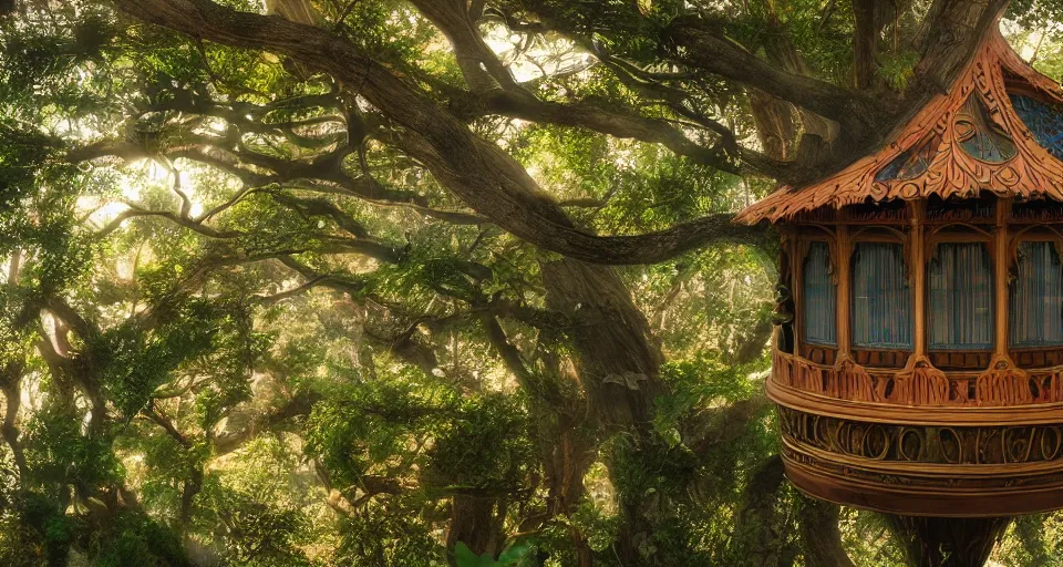 Image similar to An incredibly beautiful shot from a 2022 fantasy film featuring a character sitting in a cozy art nouveau reading nook inside a fantasy treehouse city with suspended walkways and distant treehouses. 8K UHD.