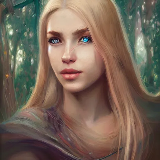 Prompt: Portrait of an elf, blonde, long hair, by Mandy Jurgens