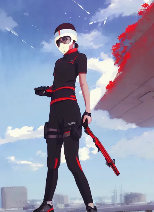 Prompt: a girl with red sports clothes, softair mask, reflective lens, softair center landscape, illustration, concept art, anime key visual, trending pixiv fanbox, by wlop and greg rutkowski and makoto shinkai and studio ghibli and kyoto animation, airsoft cqb, short hair, realistic airsoft electric pistol, realistic anatomy