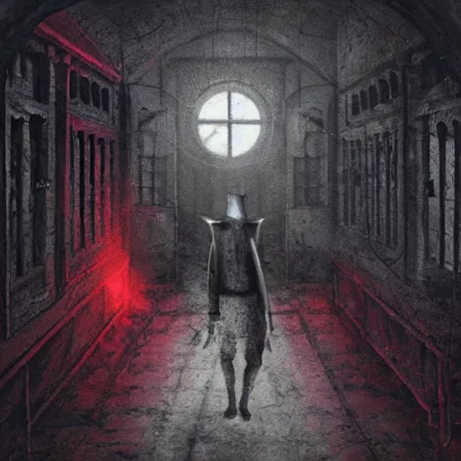 Image similar to an unholy plague doctor in a scary insane asylum, red lighting, x-ray, far away shot, stage design, Symmetrical composition, occult, evil, creepy, ominous, matte painting, cinematic, gustave dore and Johan Grenier art style, super detailed, evil colors with a trippy contrast, glitch art boarders