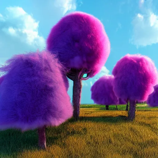 Image similar to Colorful fluffy trees made of fur in a field, octane render, volumetric lighting