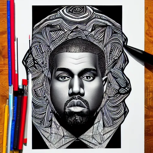 Prompt: Geometrically surreal Kanye, extremely high detail, photorealistic, intricate line drawings, dotart, album art in the style of James Jean