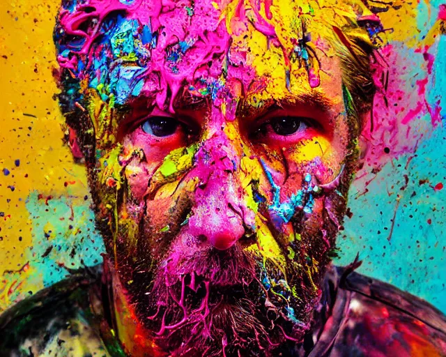 Image similar to abstract expressionist portrait of a head made of very thick impasto paint and acrylic pour and coloured powder explosion and splashing paint and dripping paint and flying paint chunks, art by antony micallef, motion blur, hyperrealistic, intricate art photography, anatomically correct, realistic crisp textures, 1 6 k