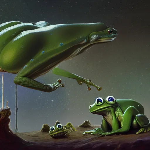 Image similar to long shot of a froggy alien, by esao andrews, by m. w. kaluta, by james web telescope, ultra humorous beautiful oil painting, cinematic space scenery, small depth of field, depth perception, volumetric light, rich colors, 3 d octane render, 8 k, conceptart, hyperdetailed, hyperrealistic, trending on artstation