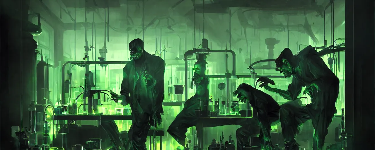 Image similar to duotone noir dark ghastly green concept illustration 3 / 4 portrait of frankenstein in laboratory. cinematic scene film noir. volumetric lighting. golden rario accidental renaissance. by sachin teng and sergey kolesov and ruan jia and heng z. graffiti art, scifi, fantasy, hyper detailed. octane render. concept art. trending on artstation