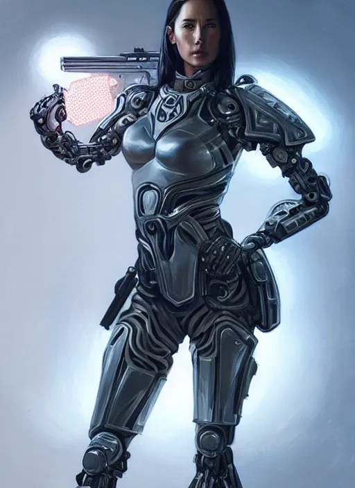 Image similar to portrait of a beautiful female soldier from the future wearing biomechanical armor, olivia munn, carrying a rifle, intricate, elegant, glowing lights in armor, highly detailed, digital painting, artstation, glamor pose, concept art, smooth, sharp focus, illustration, epic angle, art by artgerm and greg rutkowski, artey freytag, alvin schwartz