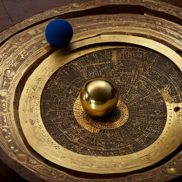 Prompt: aphoto of an ancient, powerful brass and gold spherical astrolabe, sitting on a wooden table.