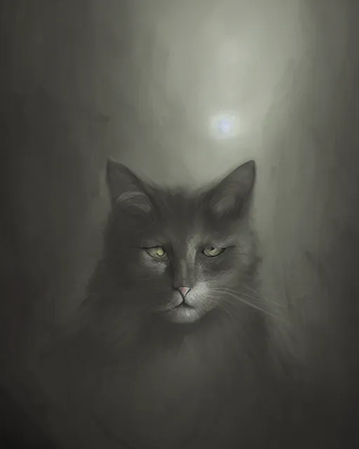 Image similar to Cat made out of shadows and fog, sneaking, portrait, dark fur, glowing eyes, horror, magic the gathering artwork, D&D, fantasy, cinematic lighting, centered, symmetrical, highly detailed, digital painting, artstation, concept art, smooth, sharp focus, illustration, volumetric lighting, epic Composition, 8k, art by Akihiko Yoshida and Greg Rutkowski and Craig Mullins, oil painting, cgsociety