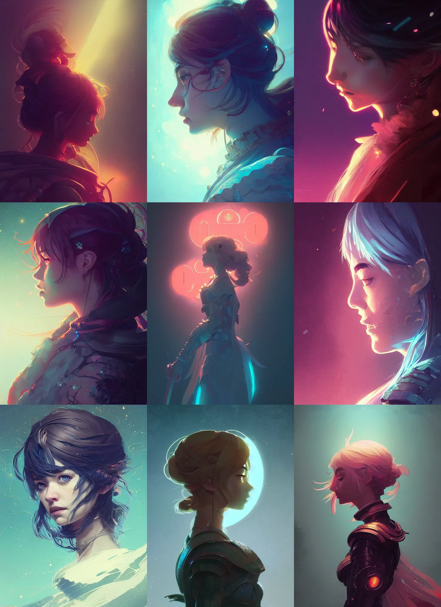 Prompt: side portrait, imogen poots, paladin, gloomhaven, neon, luminescent, baroque oil painting, illustration concept art, anime key visual, bokeh, trending pixiv, by victo ngai, fanbox, greg rutkowski, makoto shinkai, takashi takeuchi