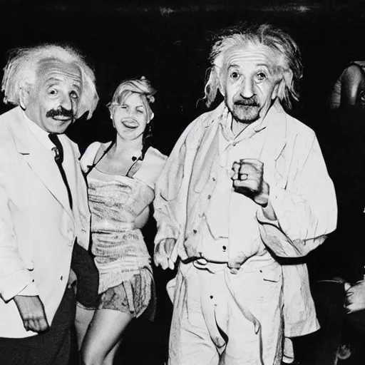Prompt: Albert Einstein at a rave dancing with beautiful women, 35mm film