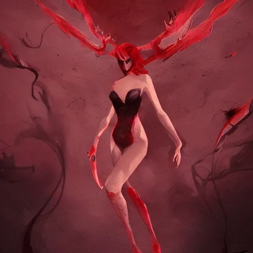 Prompt: the fall of a super mad and with extrem anger filled demon girl in hell with a dark red dress, oppressive and dark amotsphere with many shadows, blood and dark red highlights, concept art by aleksandra waliszewska