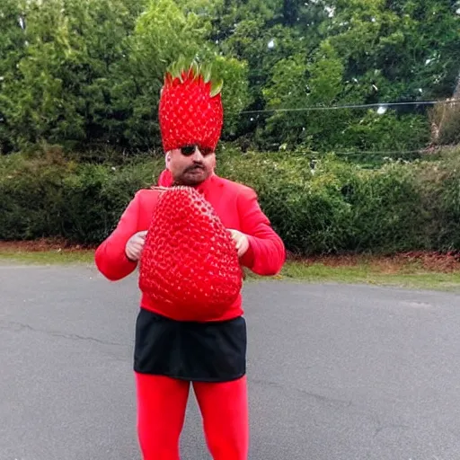 Prompt: a man dressed as a strawberry