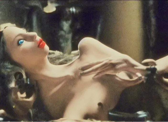 Prompt: wild underground scene from a 7 0's movie by chris cunningham, kenneth anger and alejandro jodorowsky : : surreal dream scene of actresses turning into mechanicall animals in a studio setting : : technicolor 4 k