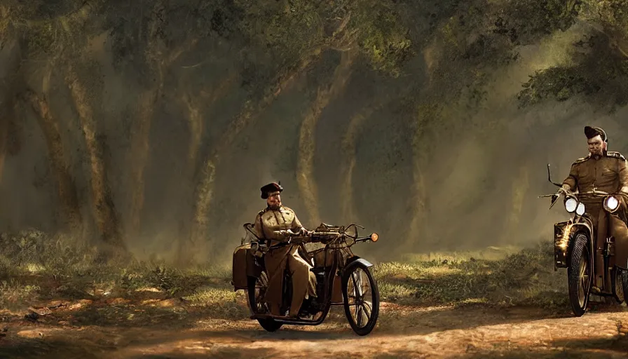 Prompt: british officer driving a motorcycle in 1921 in kerala forest road, tribe members attacking, action scene, an epic fantasy, dramatic lighting, cinematic, establishing shot, extremely high detail, photorealistic, cinematic lighting, artstation, by christopher nolan, horizon forbidden west