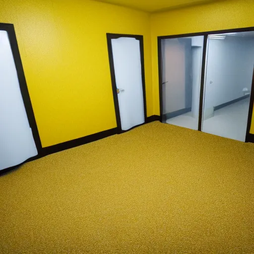 Image similar to a strange room with a yellow wallpaper, fluorescent lights, and a yellow moist carpet, eerie, liminal space, grainy footage, first person,