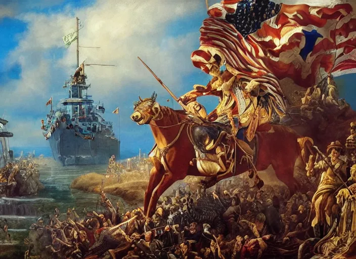 Prompt: a surreal painting of imperialism by Hans Zatzka, facebook, fascist, USA, 1984, aesthetically pleasing composition, masterpiece, 4k, 8k, ultra realistic, dramatic lighting, smooth, sharp focus, extremely detailed