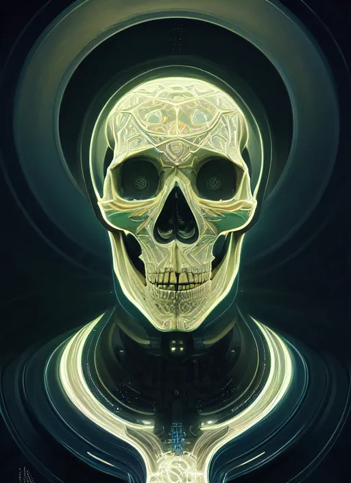 Image similar to symmetry!! portrait of skull, sci - fi, glowing lights!! intricate, elegant, highly detailed, digital painting, artstation, concept art, smooth, sharp focus, illustration, art by artgerm and greg rutkowski and alphonse mucha, 8 k