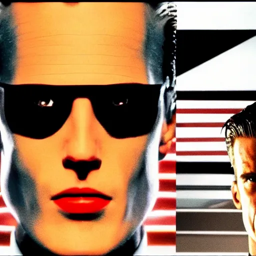 Image similar to max headroom as the american psycho, bateman stare, cinematic still