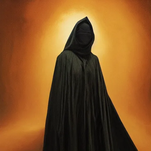 Image similar to a portrait of a young black woman wearing a long dark cloak, hood and shadows covering face, anatomically correct, beautiful perfect face, enigmatic, oil painting, matte painting, black background, Volumetric Golden dappled dynamic lighting, Highly Detailed, Cinematic Lighting, Unreal Engine, 8k, HD, by Beksinski