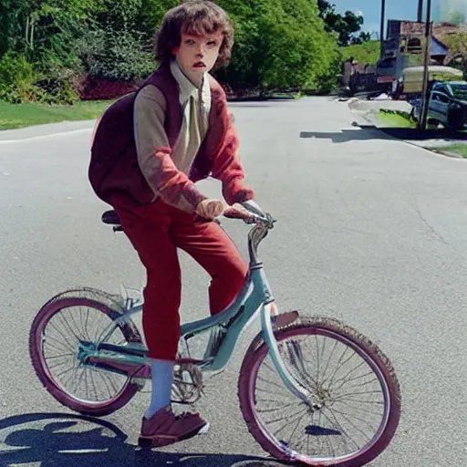 Image similar to eleven from stranger things riding a bike