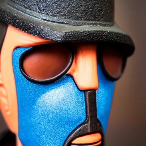 Image similar to close up of face of realistic tf 2 blue spy, 8 5 mm f / 1. 4