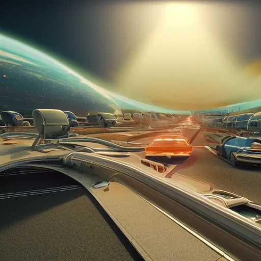 Prompt: high detailed photorealistic image of a flying highways and cars, personalized robots, journeys between planets. by Tim Razumovsky. Retro Futurism inspired by Jacque Fresco. sun rays shine upon it. mist. science. unreal engine. octane render