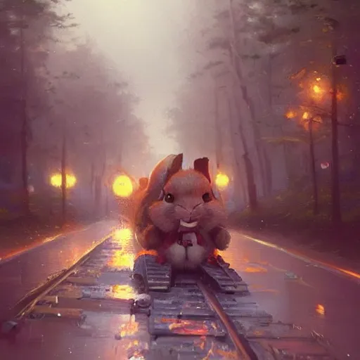 Prompt: a happy rabbit driving a train by greg rutkowski and thomas kinkade, trending on artstation, 3 d art station