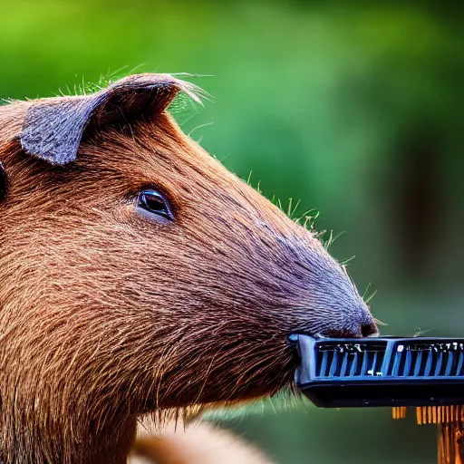 Image similar to cute capybara eating a neon nvidia gpu, chewing on a video card, cooling fans, cyberpunk, wildlife photography, bokeh, sharp focus, 3 5 mm, taken by sony a 7 r, 4 k, award winning