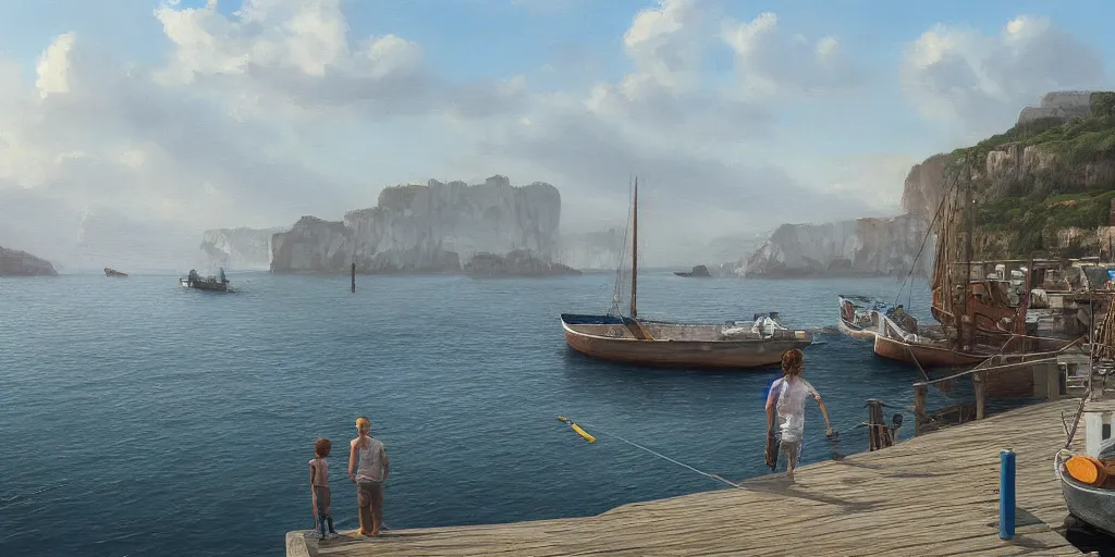 Image similar to wood dock low on water, child at edge of dock, big fishing boat next to the dock with waving sailors. low angle, sunrise, a mediterranean phoenician fishing village in the distance, chalk cliffs above, highly detailed, digital painting, artstation, concept art, sharp focus, illustration, art by artgerm and raphael lacoste and magali villeneuve