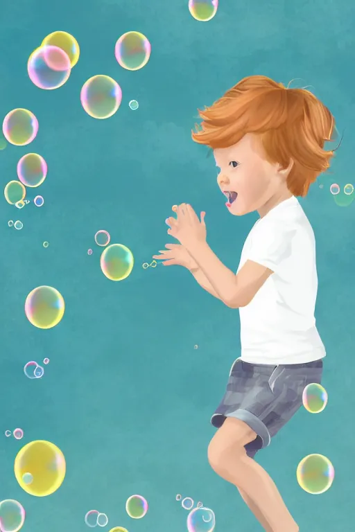 Image similar to a little boy with ginger hair chasing bubbles. clean elegant simple illustration, beautiful detailed face.