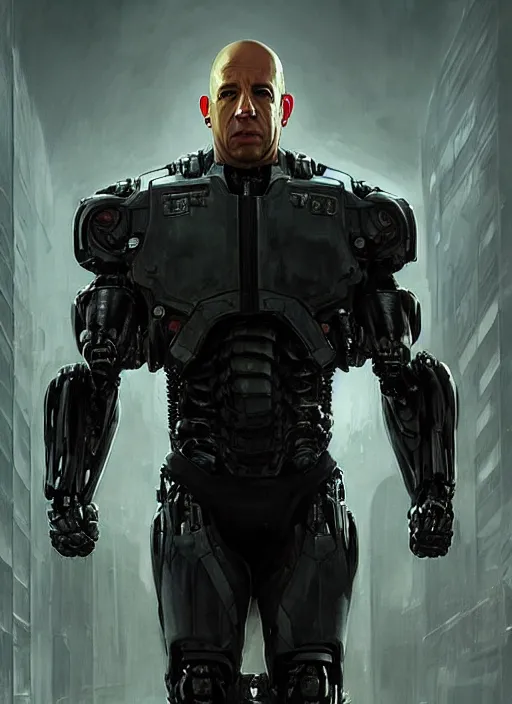 Image similar to vin diesel as victor stone, full body concept, cyborg, borg, strogg, face of a man, terminator, flesh, quake strogg, doom demon, wolfenstein, monstrous, powerful, symmetry, symmetrical, concept art by ruan jia and greg rutkowski