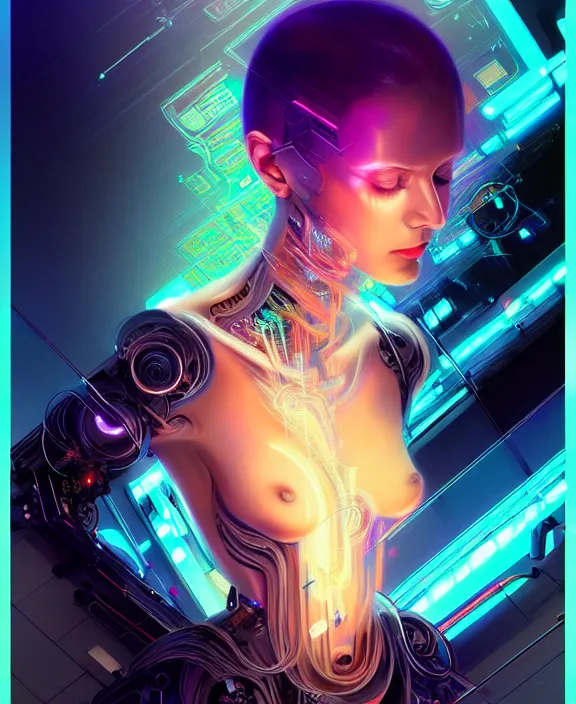 Image similar to a whirlwind of souls rushing inside the metaverse, hologram, half body, neurochip, shaved temple, piercing, jewelry, android, cyborg, cyberpunk face, by loish, d & d, fantasy, intricate, elegant, highly detailed, colorful, digital painting, artstation, concept art, art by artgerm and greg rutkowski and alphonse mucha