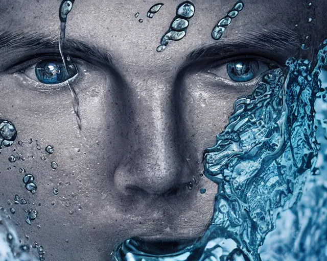 Image similar to water art manipulation of a realistic human head with open eyes burried in the ground, surreal, hyper realistic, ray tracing, realistic water, sharp focus, 8 k resolution, cinematic