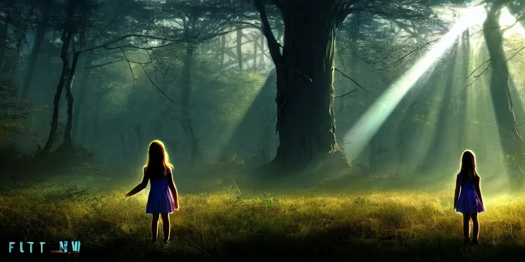 Image similar to sci - fi scene future new york, little girl holding a hand of a big robot, forest punk, crepuscular rays, epic scene, hyper realistic, photo realistic, overgrowth, cinematic atmosphere, ethereal lighting,