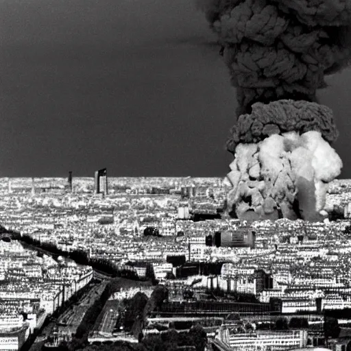 Prompt: photo of a nuclear explosion in paris in the year 1 9 9 1, hd photo, wide angle