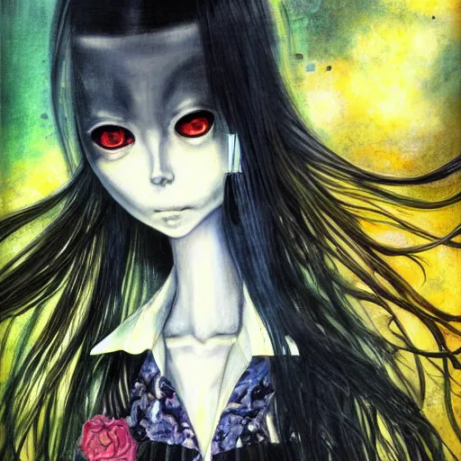Image similar to yoshitaka amano realistic illustration of a sinister anime girl with big eyes and long wavy white hair wearing dress suit with tie and surrounded by abstract junji ito style patterns in the background, blurred and dreamy illustration, noisy film grain effect, highly detailed, oil painting with expressive brush strokes, weird portrait angle