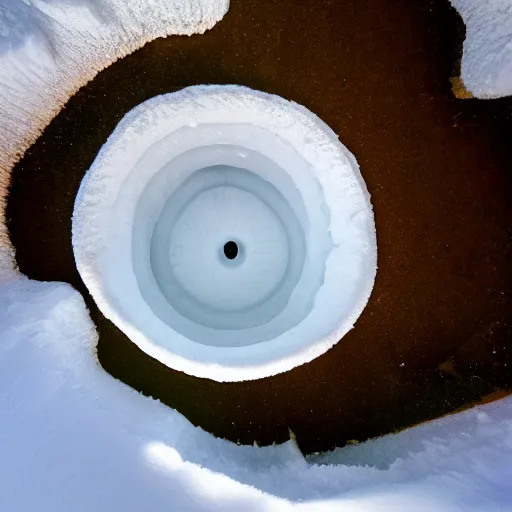 Prompt: a top down view of a hole in the snow with a wormhole that leads into another dimension, highly detailed, National Geographic Photo