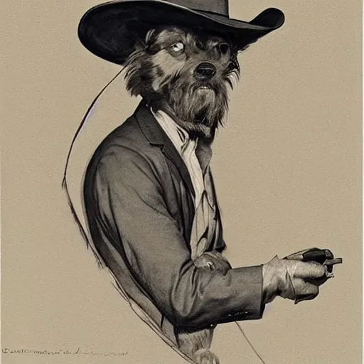 Prompt: a person with the head of a dog and the body of a slender man wearing a cowboy hat and poncho. By Zabrocki, Raphael Lacoste. JC Leyendecker
