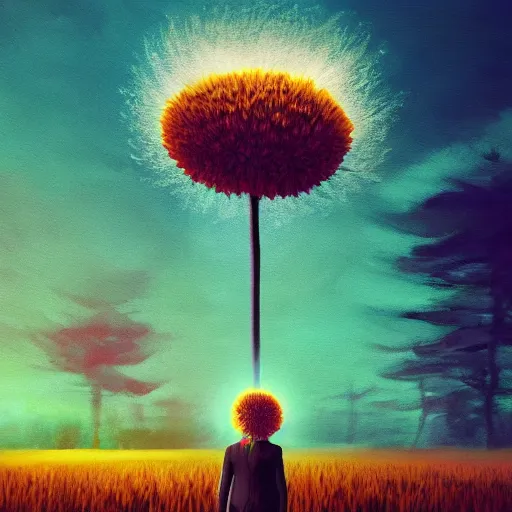 Image similar to giant daisy flower as a head, frontal, a girl in a suit, surreal photography, sunrise, dramatic light, impressionist painting, digital painting, artstation, simon stalenhag