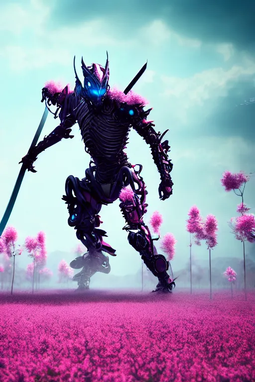 Image similar to illustration cinematic cyborg dragon yielding katana in a field of pink flowers, highly detailed concept art masterpiece, desaturated vitaly bulgarov eric zener dramatic blue light, ground angle uhd 8 k, sharp focus