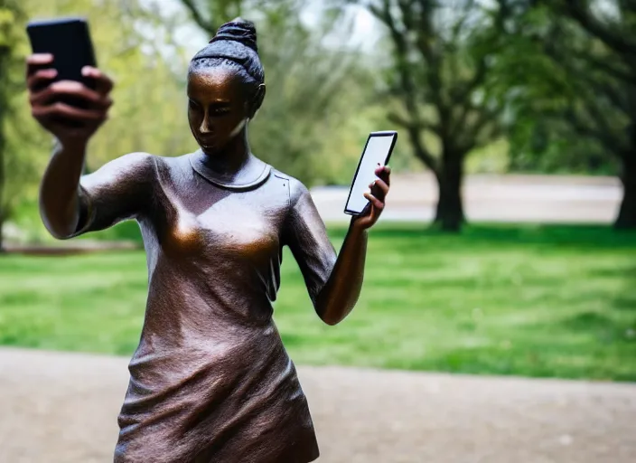 Image similar to photo still of a bronze statue of a woman using an iphone to take a selfie, in a park on a bright sunny day, 8 k 8 5 mm f 1 6