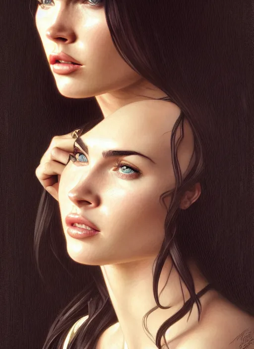 Image similar to portrait of megan fox as nun, bible, church, catholic, christian, intricate, headshot, highly detailed, digital painting, artstation, concept art, sharp focus, cinematic lighting, illustration, art by artgerm and greg rutkowski, alphonse mucha, cgsociety