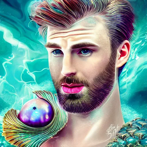 Image similar to chris evans portrait, fantasy, mermaid, hyperrealistic, highly detailed, cinematic lighting, pearls, glowing hair, shells, gills, crown, water, highlights, starfish, jewelry, realistic, digital art, pastel, magic, fiction, ocean, game, king, colorful hair, sparkly eyes, fish, god, waves, bubbles, heroic