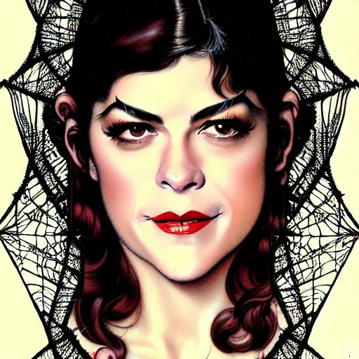 Prompt: portrait of an absurdly graceful, elegant, sophisticated, fashionably dressed selma blair enveloped in spider web, by norman rockwell, range murata, gustave dore, pixar, intricate line work, beautiful, artstation 8 k