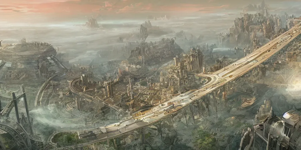 Image similar to illustration, concept illustration, steam punk, a single giant ancient linear city on a single bridge, giant continent bridge city build over the ocean in a straight line, fading into the distance