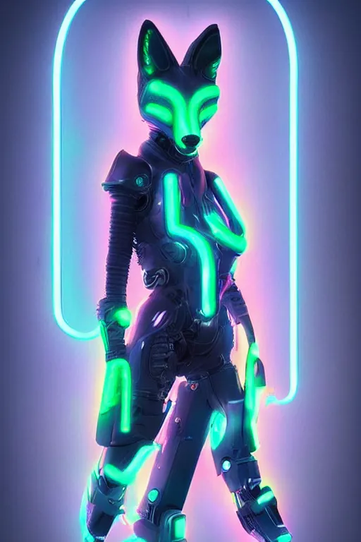 Prompt: stunning digital art of a cybernetic anthropomorphic fox wearing full-body neon armor, cyberpunk art, beautiful neon lighting, octane render, trending on ArtStation