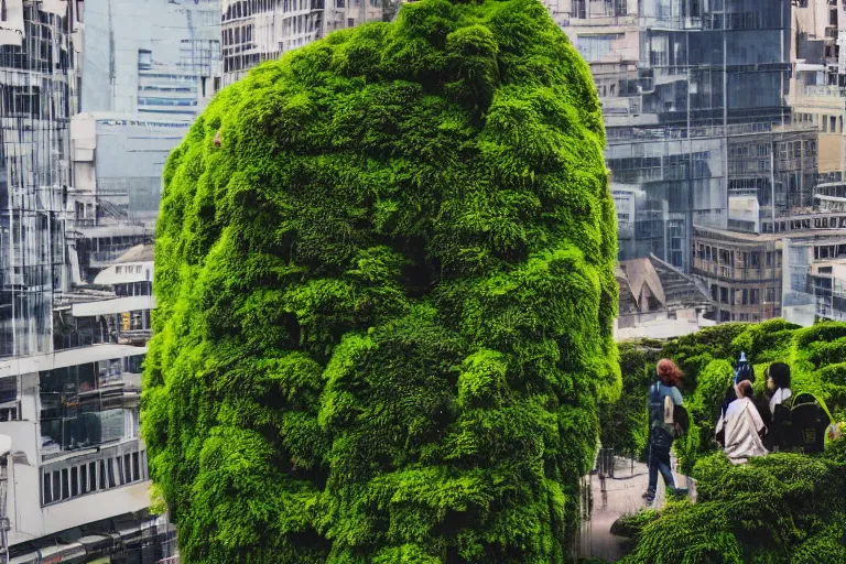 Prompt: a cinematic close up shot of people walking through a utopian city walkway on top of buildings, green plants